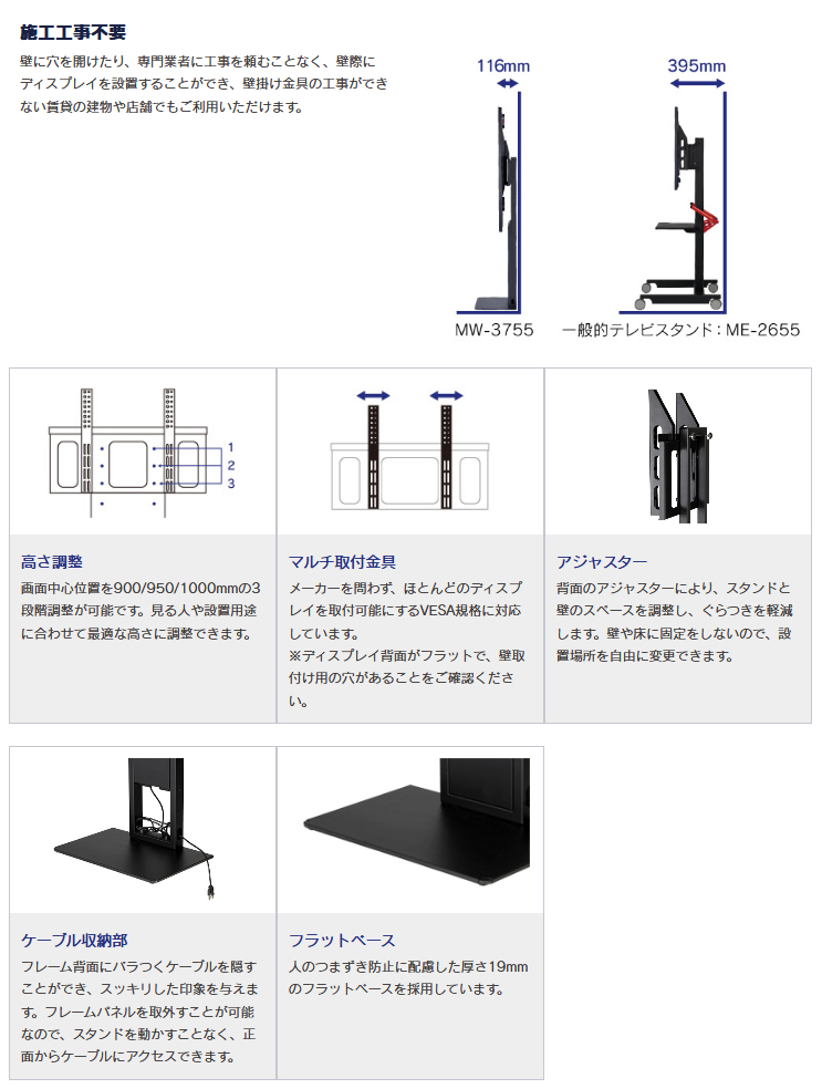日本機器通販 / SDS MW-3755 大型ディスプレイ用 壁寄せスタンド 37~55 