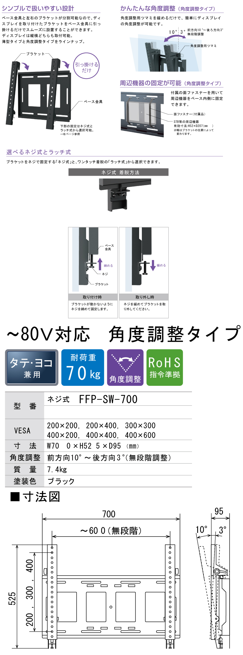 省スペース 洗える おしゃれ 日本フォームサービス デジタルサイネージ壁掛け金具FFP-SW-700 ディスプレイ、モニター