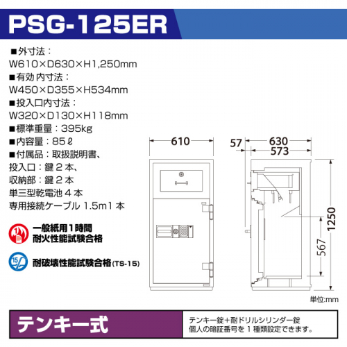 エーコー 投入型金庫 テンキータイプ PSG-125ER:395kg の商品ページ