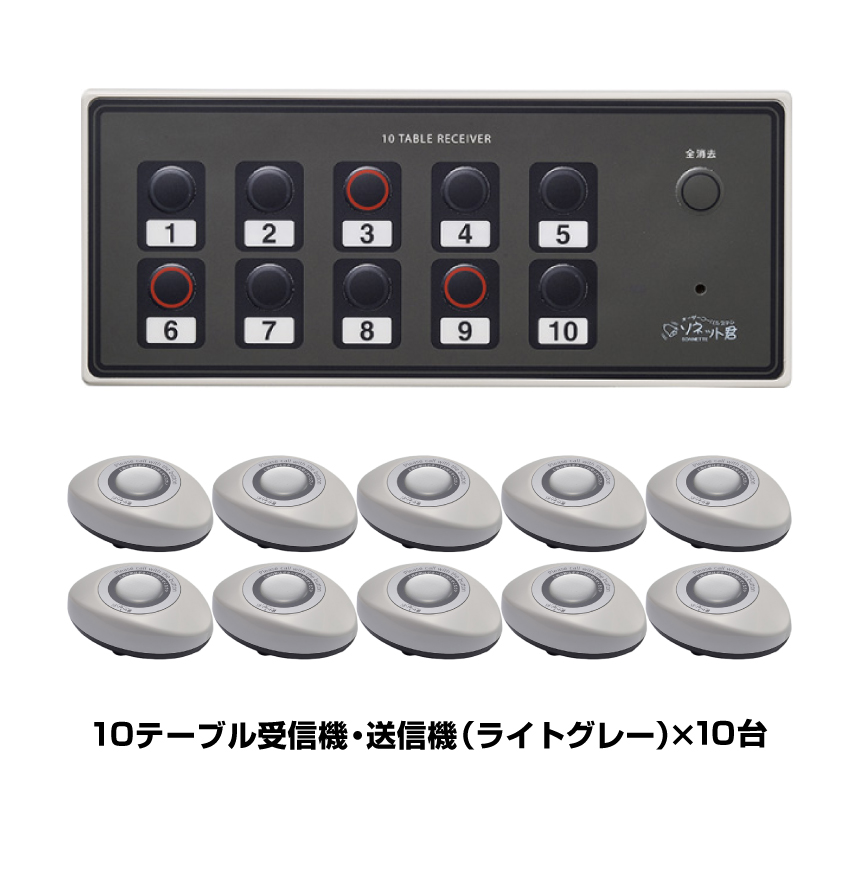 【セット商品】オーダーコールシステム ソネット君 簡単セットA (10テーブル受信機SRE-10×1台＋スリム送信機ライトグレー STR-SG×10台)|ワイヤレスチャイム