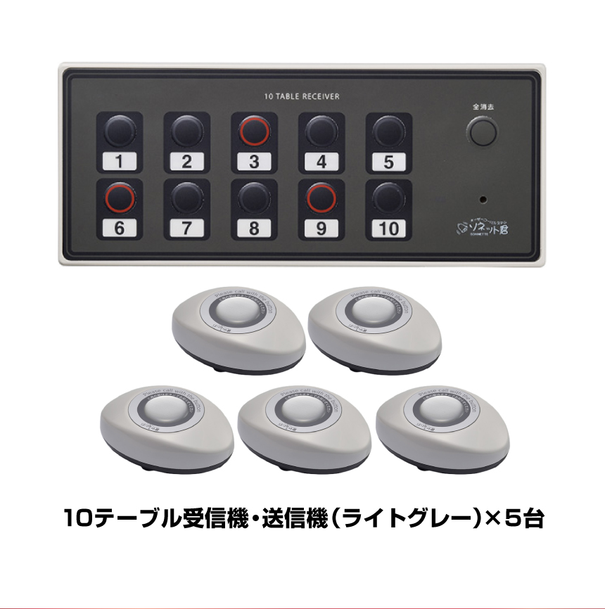 【セット商品】オーダーコールシステム ソネット君 簡単セットB (10テーブル受信機SRE-10×1台＋スリム送信機ライトグレー STR-SG×5台)|ワイヤレスチャイム