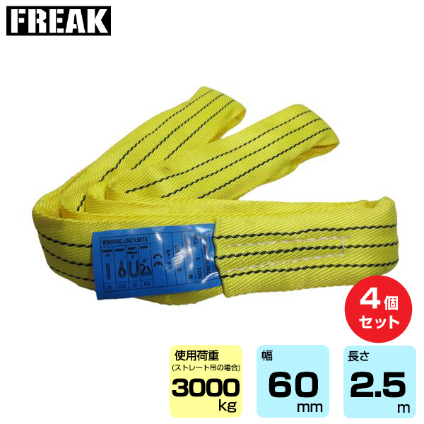 FREAK (4個セット) CEラウンドスリングN型 使用荷重3000kg 幅60mm 長さ2.5m (65617)