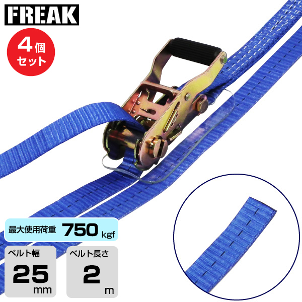 FREAK (4個セット) ラッシングベルト青 エンドレス750kgf 幅25mm×長さ2m (75043)