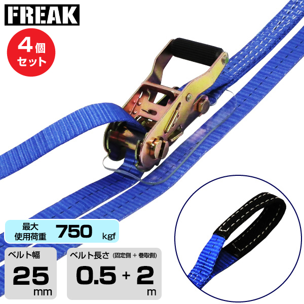 FREAK (4個セット) ラッシングベルト青 アイ750kgf 幅25mm×長さ0.5+2m (75104)