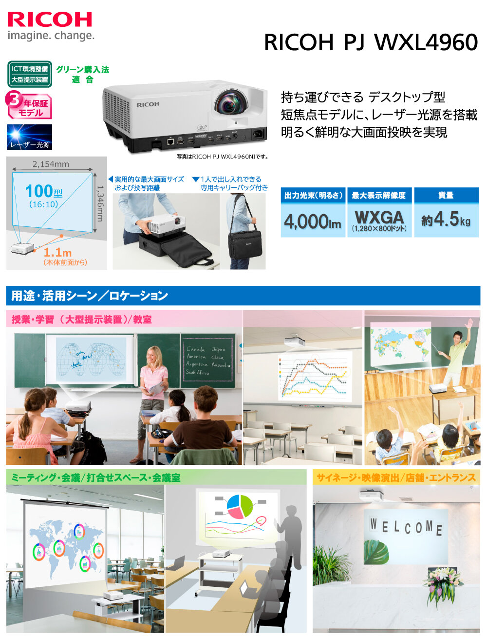リコー RICOH PJ WXL4960 短焦点プロジェクター (514616) の商品ページ