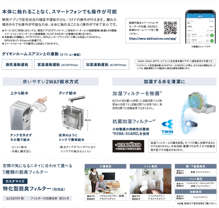 日本機器通販 / ダイキン UV加湿ストリーマ空気清浄機 ACKB70Y-S